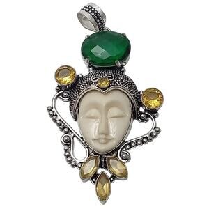 Emerald and Citrine Carved Face Silver Pendant